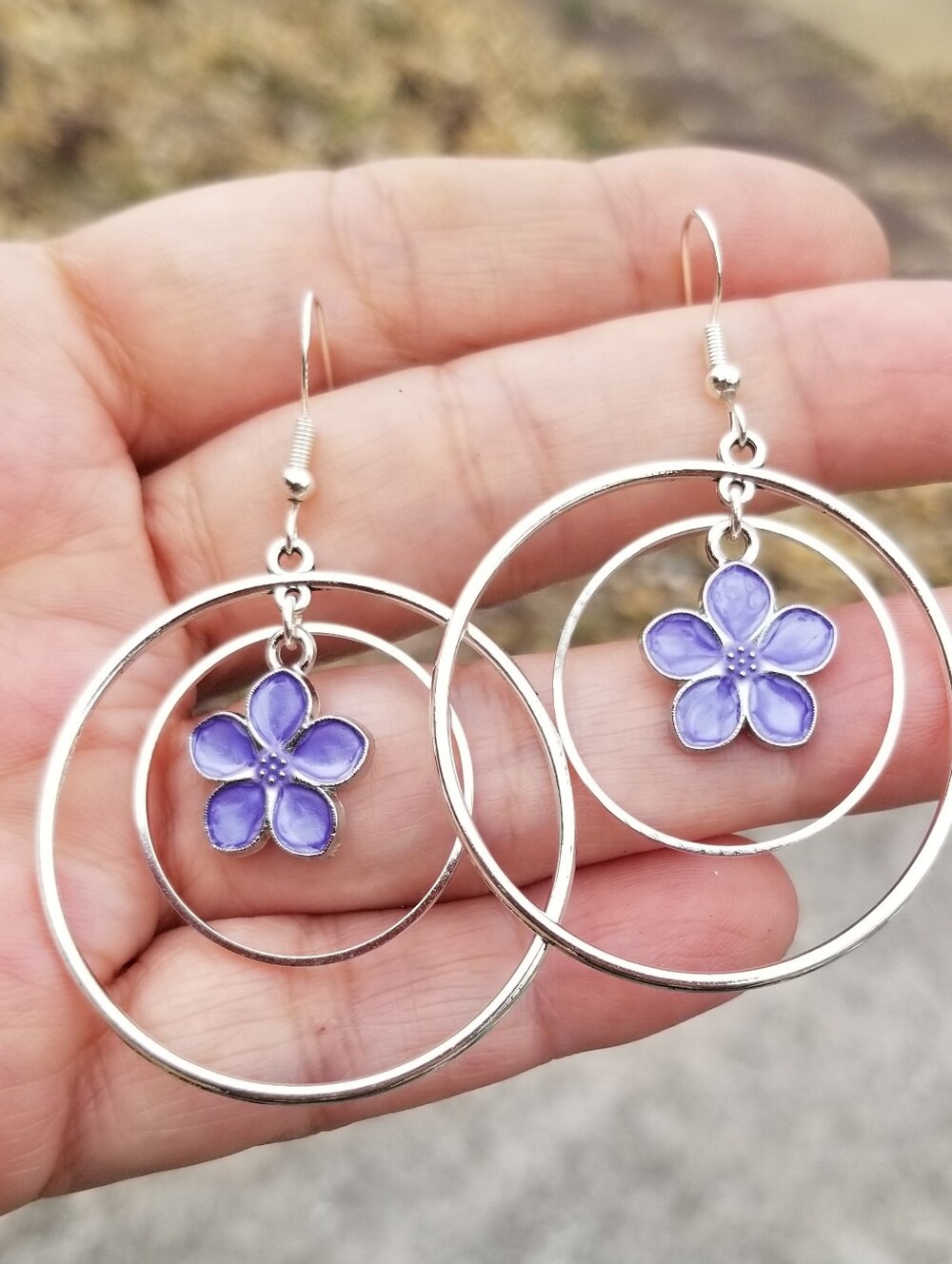 Silver Double Hoop Floral Dangle Earrings, Purple Flower Dangle Earrings